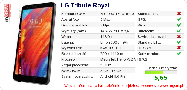 Dane telefonu LG Tribute Royal