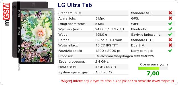 Dane telefonu LG Ultra Tab