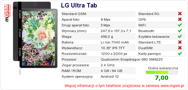 Dane telefonu LG Ultra Tab