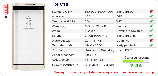Dane telefonu LG V10