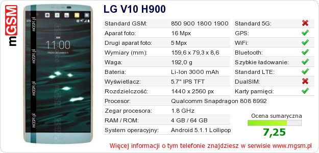 Dane telefonu LG V10 H900