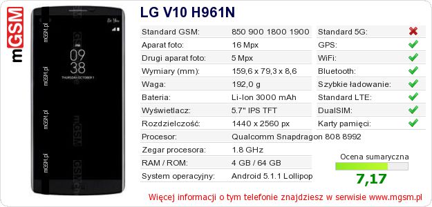 Dane telefonu LG V10 H961N