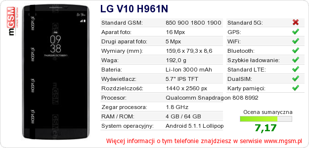 Dane telefonu LG V10 H961N