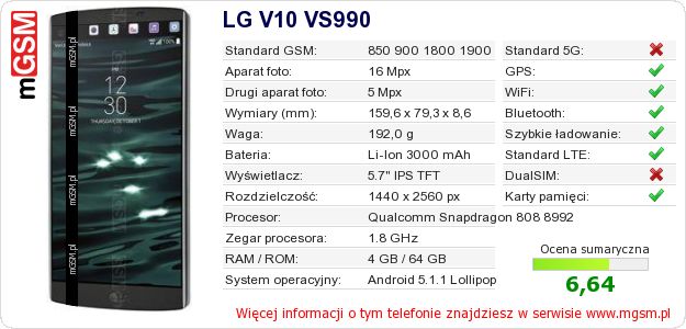 Dane telefonu LG V10 VS990
