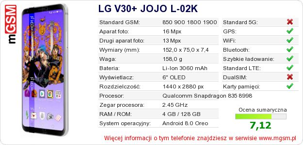 Dane telefonu LG V30+ JOJO L-02K Dane telefonu LG V30+ JOJO L-02K