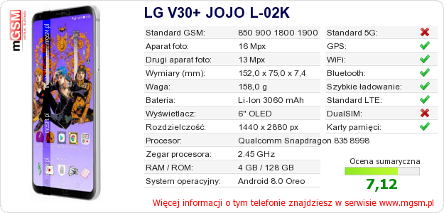 Dane telefonu LG V30+ JOJO L-02K