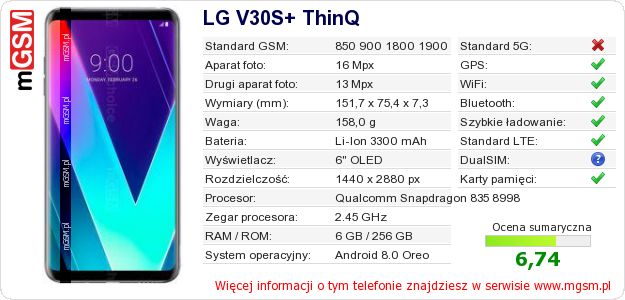 Dane telefonu LG V30S+ ThinQ Dane telefonu LG V30S+ ThinQ