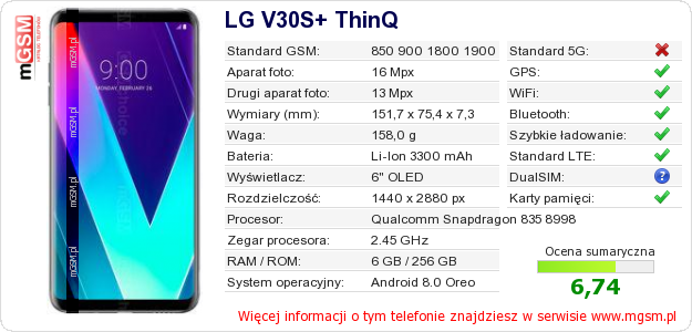 Dane telefonu LG V30S+ ThinQ