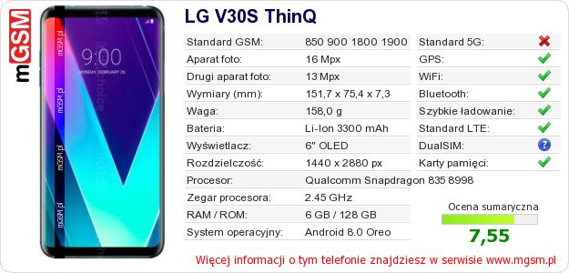 Dane telefonu LG V30S ThinQ