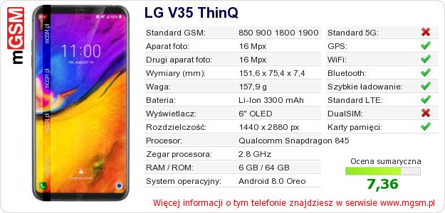 Dane telefonu LG V35 ThinQ Dane telefonu LG V35 ThinQ