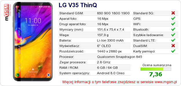 Dane telefonu LG V35 ThinQ