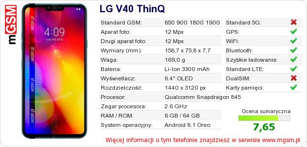 Dane telefonu LG V40 ThinQ