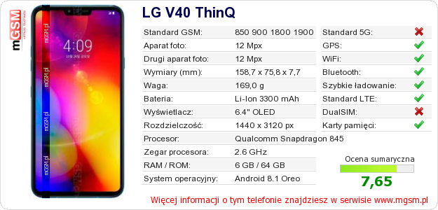 Dane telefonu LG V40 ThinQ