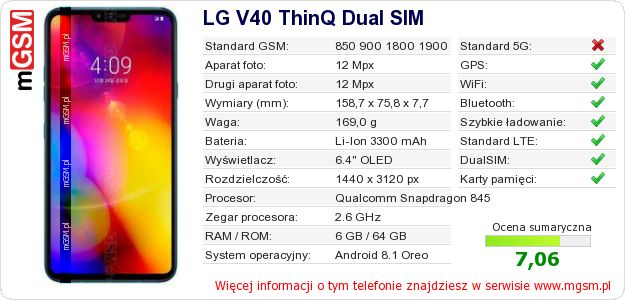 Dane telefonu LG V40 ThinQ Dual SIM