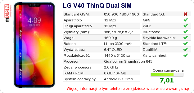 Dane telefonu LG V40 ThinQ Dual SIM