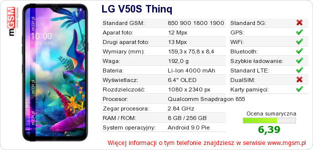Dane telefonu LG V50S Thinq