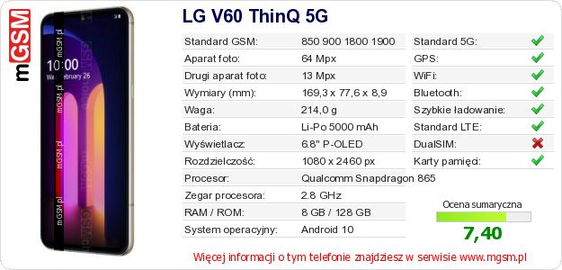 Dane telefonu LG V60 ThinQ 5G