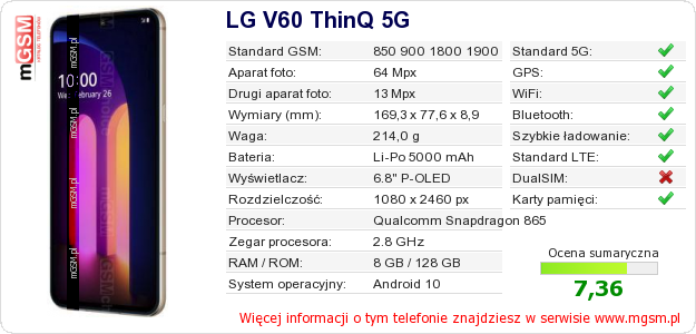 Dane telefonu LG V60 ThinQ 5G