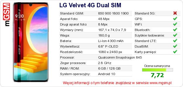 Dane telefonu LG Velvet 4G Dual SIM Dane telefonu LG Velvet 4G Dual SIM