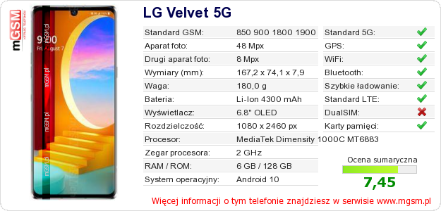 Dane telefonu LG Velvet 5G