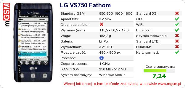 Dane telefonu LG VS750 Fathom