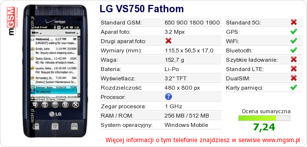 Dane telefonu LG VS750 Fathom Dane telefonu LG VS750 Fathom