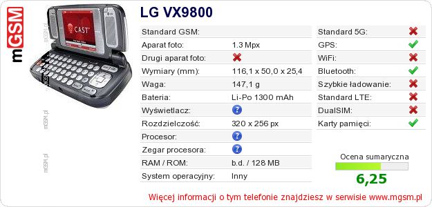 Dane telefonu LG VX9800 Dane telefonu LG VX9800