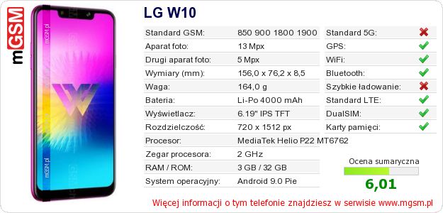 Dane telefonu LG W10