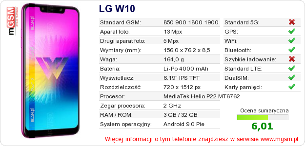 Dane telefonu LG W10