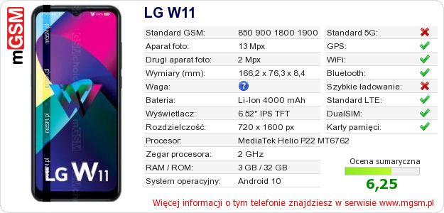 Dane telefonu LG W11 Dane telefonu LG W11