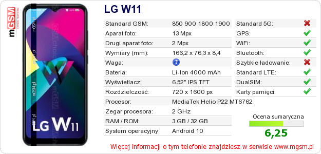 Dane telefonu LG W11