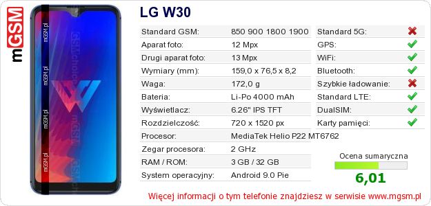 Dane telefonu LG W30