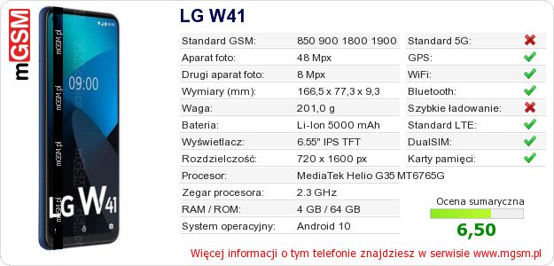 Dane telefonu LG W41