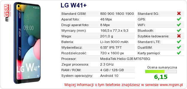 Dane telefonu LG W41+