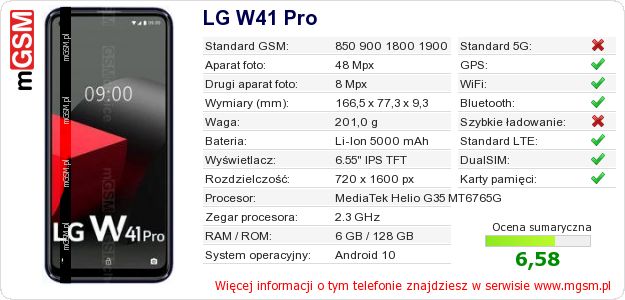Dane telefonu LG W41 Pro Dane telefonu LG W41 Pro