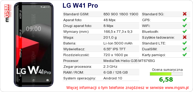 Dane telefonu LG W41 Pro