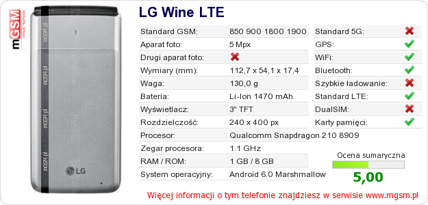 Dane telefonu LG Wine LTE