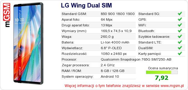Dane telefonu LG Wing Dual SIM Dane telefonu LG Wing Dual SIM