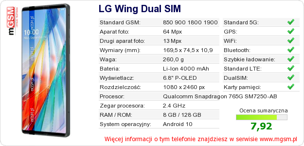Dane telefonu LG Wing Dual SIM