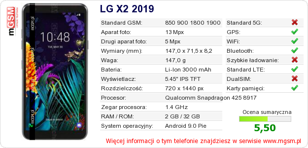 Dane telefonu LG X2 2019