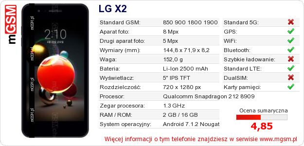 Dane telefonu LG X2