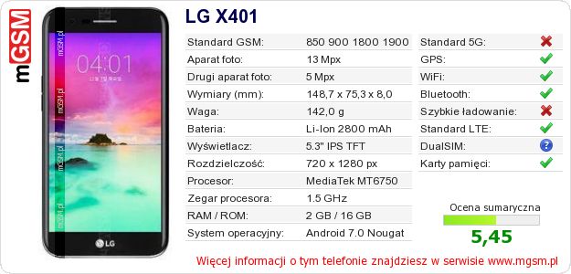 Dane telefonu LG X401