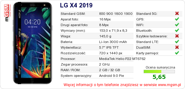 Dane telefonu LG X4 2019
