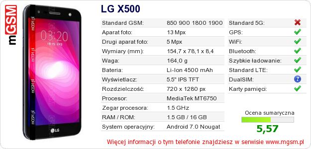 Dane telefonu LG X500