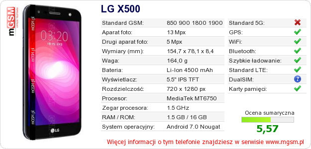 Dane telefonu LG X500