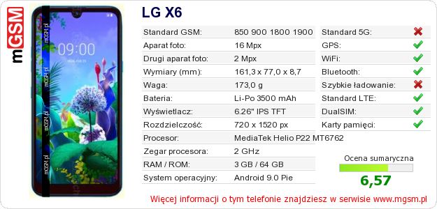Dane telefonu LG X6 Dane telefonu LG X6