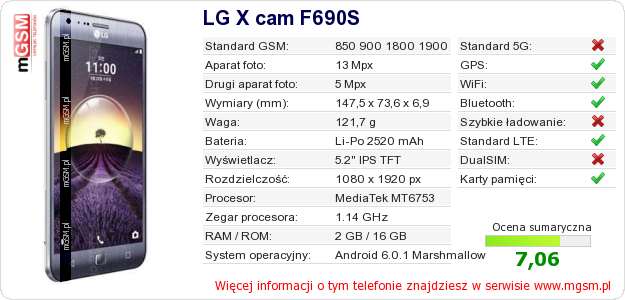 Dane telefonu LG X cam F690S Dane telefonu LG X cam F690S