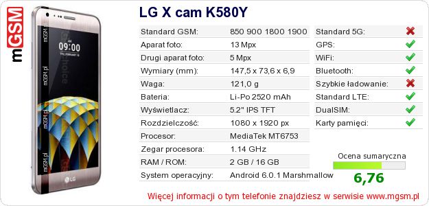 Dane telefonu LG X cam K580Y