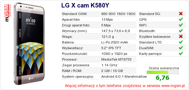 Dane telefonu LG X cam K580Y