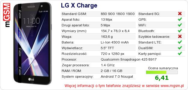 Dane telefonu LG X Charge